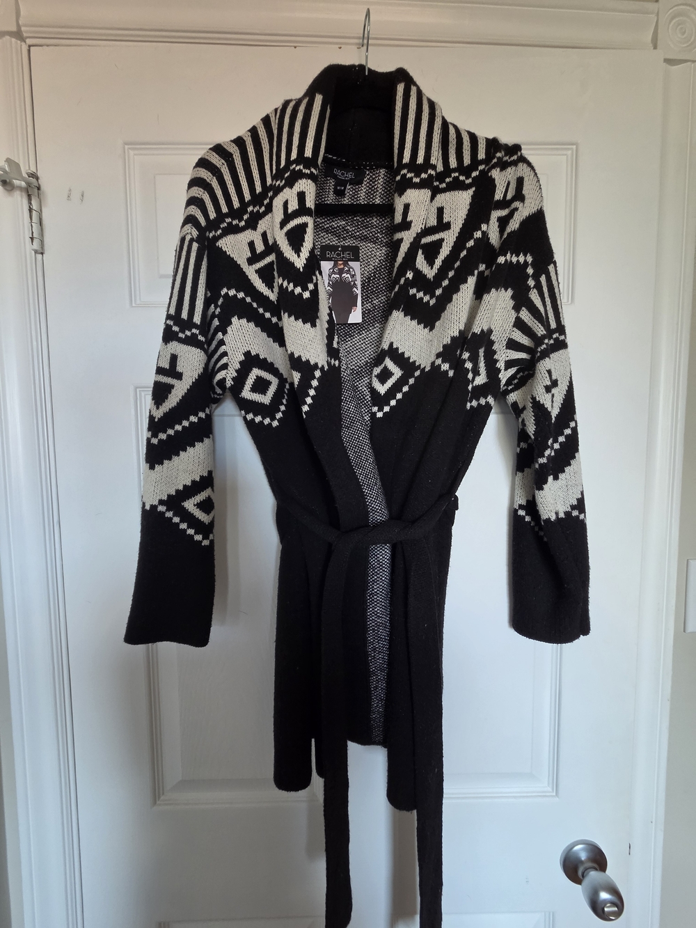 Rachel Black & White Geometric Shawl Cardigan with Tie